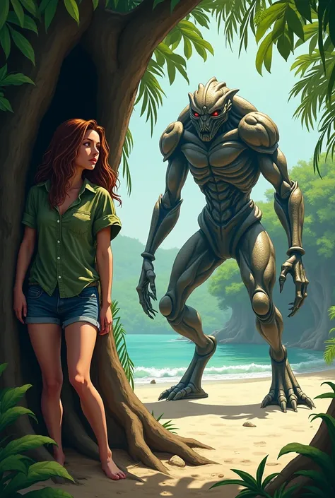 
"A dense, tropical island setting with lush green trees and a sandy beach. A woman with a cautious expression hides in the hollow of a tree. She wears a distressed green shirt and denim shorts, looking Scary and vulnerable. Nearby, a towering alien creatu...