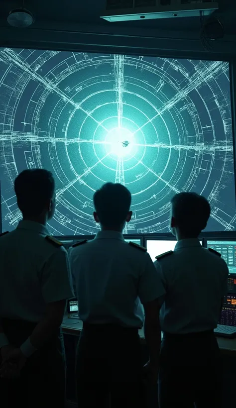 "A realistic depiction of a military radar screen detecting a fast-moving UFO, with officers watching in shock and amazement."