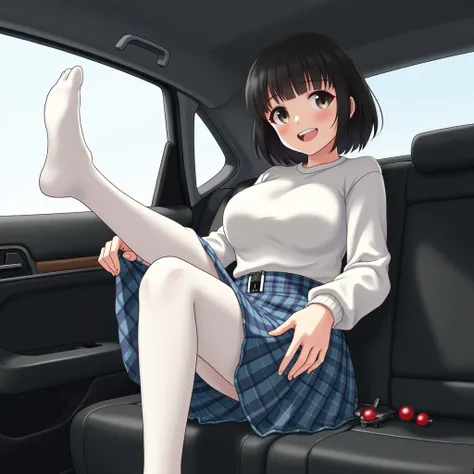 1girl, The photo shows a young woman sitting in the back seat of a car. She is wearing a white long-sleeved top and a plaid skirt. She has short black hair with bangs and smiles for the camera. She is wearing white stockings. The woman lifts her left leg u...