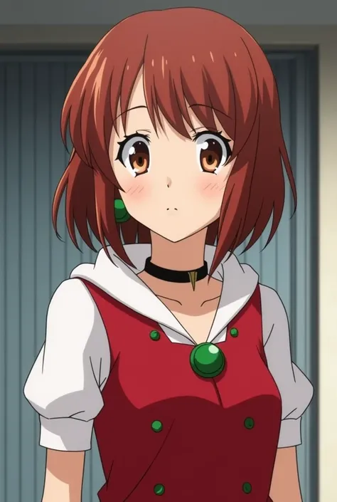 Momo Ayase from the anime Dandadan is a teenager of average height ,  with medium-length reddish brown hair that mainly frames the right side of her face and crimson brown eyes .  It also includes green circular earrings and a black necklace around her nec...