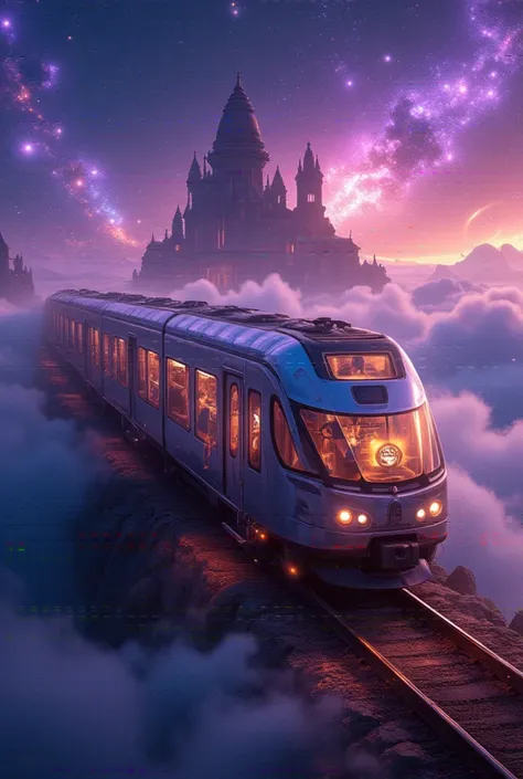  ,  Amazing Scenery .   Train Stylish Metal  ,  and purple， Rays of Light and Star-Forming Tracks  .   Its windows emit soft golden light  ,   Silhouettes of Mysterious Passengers  .  in its design ,  flickering particles , Clock Fragment  ,  {x}} The soph...