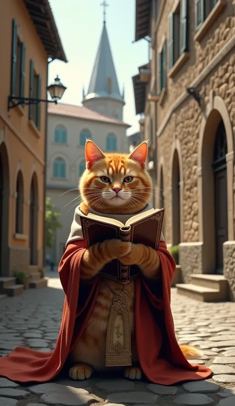 Realistic image of an orange cat wearing Christian priest clothes praying in a narrow street while holding a book with a Church in the background