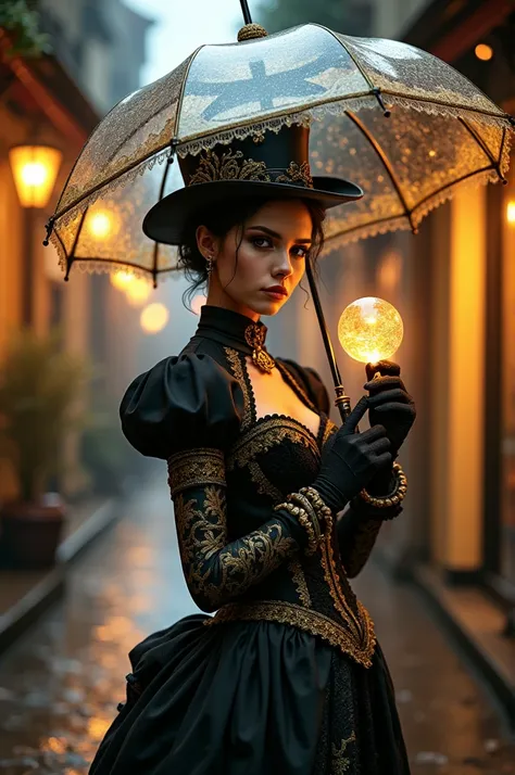 Create an 8K high-resolution image featuring a person dressed in an elaborate, Victorian-inspired outfit. The outfit should be predominantly black with intricate gold and white lace details. The person should be holding a transparent umbrella with a golden...