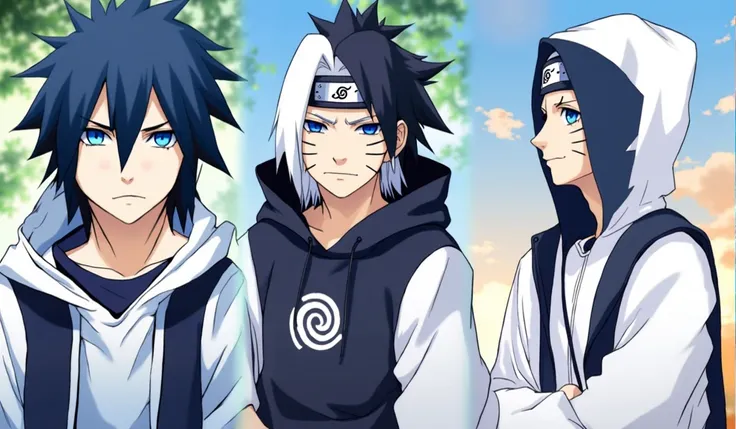 "Create three separate images of a character inspired by the Naruto universe, showcasing their progression across three stages of life:

Age 8:

Outfit: A white and dark blue hoodie paired with shorts, no headband.
Appearance: Black hair styled in a way th...