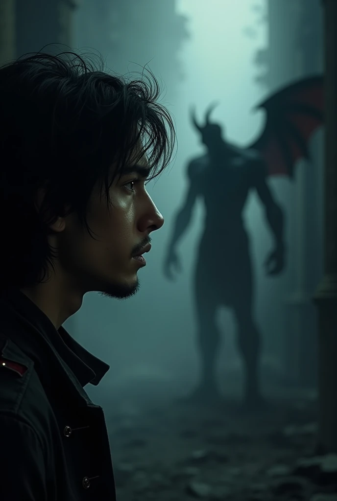 Image of a man with black hair and brown eyes in profile seeing the silhouette of a demon