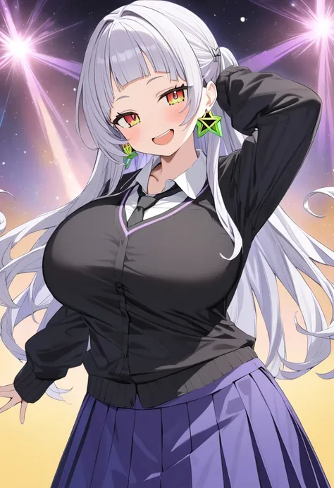 ( top quality, 8k, masterpiece),   girl , young , Idol , 1 person ,  murasaki shion,   hololive  ,  Silver Hair  , Big Breasts ,smile ,  Heavenly ,   red cheeks   , Tanimachi ( tanimachi ) emphasis   , A rich variety of skin tones  , (   black shirt  ,   c...