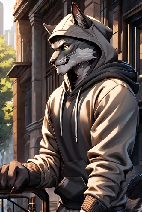 Grey Cat Beast Man 　 slim figure　 Beige Hoodie　Grey hands 　Grey tail　 with sharp nails 　Realistic Scenery