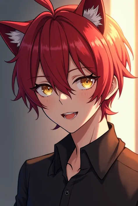 Solo, a man, Masterpiece, High Details, Best Quality, Short Hair, Floating Hair, Asymmetrical Hair, Cat Ears, Smile, Fangs, Upper Teeth, Zoom Layer, Glowing Light, Drop Shadow, Red Hair, Yellow Eyes, trendy school, fashionextremely handsome, school gate ar...