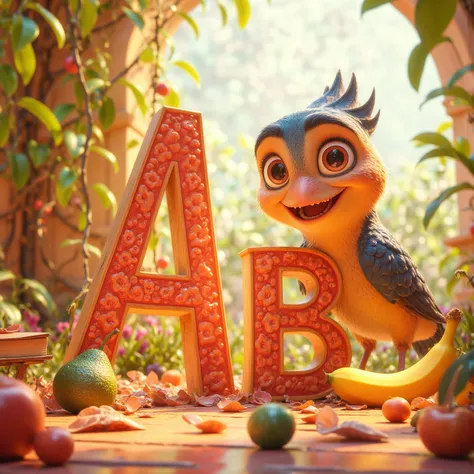 A mesmerizing close-up portrait of a gorgeous little bird illuminated by the soft, golden light of a tranquil morning, with vibra"Create a vibrant, ultra-high-quality 3D illustration featuring the letters A and B with their corresponding objects.

For A: D...