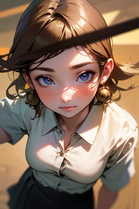 best quality, ultra high res, (photorealistic:1.4), 1girl, button shirt, black skirt, school, dark brown hair, breasts, (blonde hair:1.2), looking at viewer, (highly detailed face:1.1),,  (PureErosFace_V1:0.8),tiktok,  