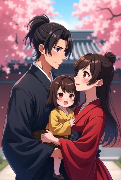 Anime style japanese handsome samurai warrior with his traditional outfits with his beautiful wife and little daughter , japanese anime style , lovely family , sakura falls , in front of dojo , happy faces , the both cuddling their daughter , red colour ey...