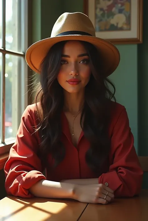 there is a woman sitting at a table with a hat on, a picture inspired by Nathan Oliveira, instagram, Realism, Caio Santos, Malika Favre, andrea rocha,  Looks like Fabiula Nascimento , icaro carvalho, edu souza, profile pic, nick silva, taken on iphone 14 p...