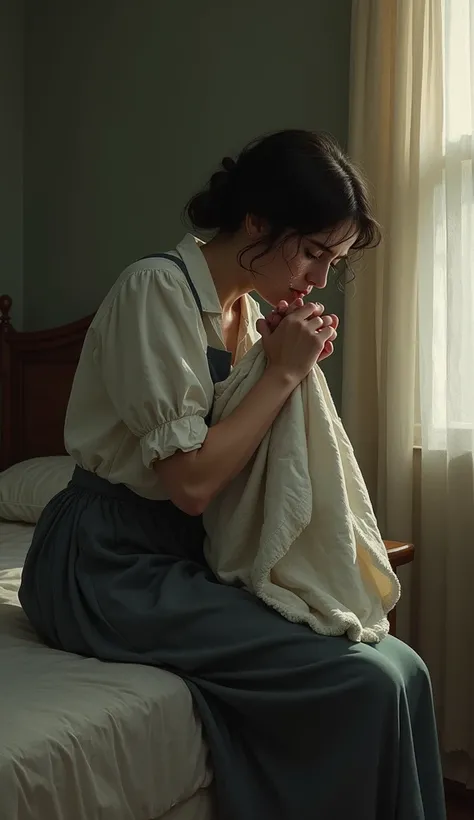 Margaret Crying
A distressed woman dressed in early 20th-century clothing, sitting on the bed and clutching a baby blanket, her face streaked with tears.