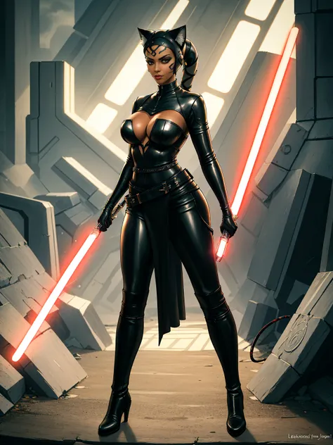 (best quality, masterpiece, highly detailed), 1girl, (furry black skin), Catwoman as a sexy Twilek, medium breasts, Jedi, black robes, Jedi robes, black tunic, tight trousers, long boots, black leather, buckles, straps, cat ears, cat tail, lightsaber whip,...