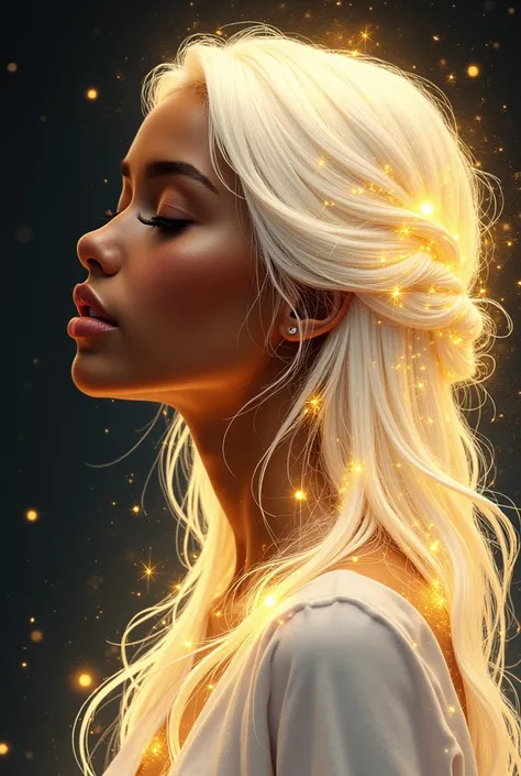 The image shows a beautiful girl, full lips, long eyelashes, dark skin with long white hair that glows and shimmers with golden sparks. She is depicted in profile, creating a sense of calm and peace. Glowing particles are also visible around it, which crea...