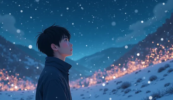  Looking up at the snowy starry sky in the distance 、Profile view of a young and beautiful Japanese man 。In the surrounding area、 A hill decorated with colorful Christmas lights。Realistic。