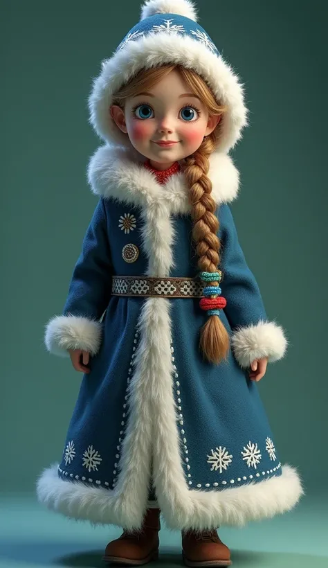   top quality 3D Kind Russian Snow Maiden , joyful,  a little magical in a dark blue fur coat with a white fur trim,   with a fur hat  ,  with white patterns on her fur coat ,  long braid .   stands full length . chromakey, green background ,, 8 thousand.
