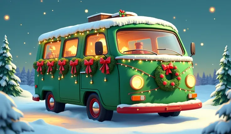 Square shape gree camper van with decoration of Christmas 