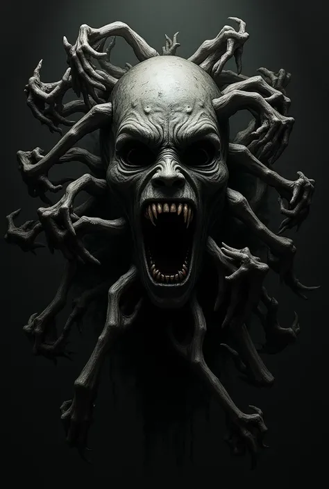 multiple hands and arms forming out of the dark to make a creepy face, dark, creepy, horror, details, 