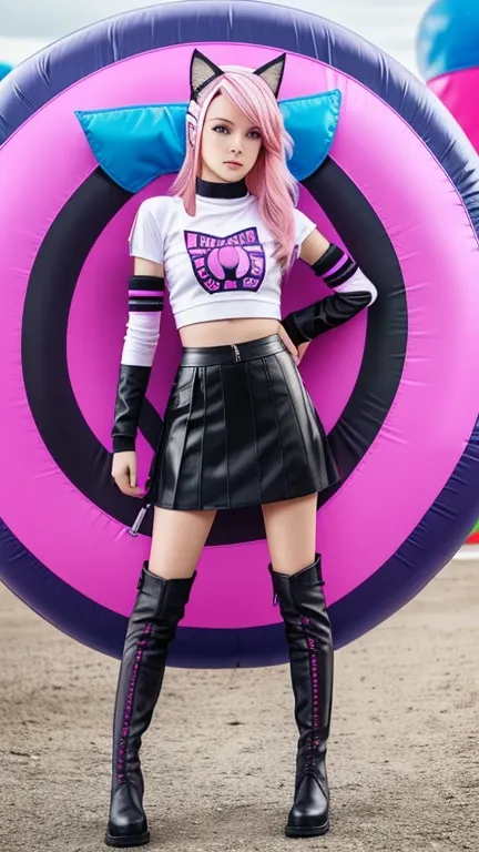  teenager with pink hair ,  slim model , pink leather korsett , tüll skirt pink ,  leather arm warmers blue,  knee-high leather boots, Cat ears, bouncy castle

