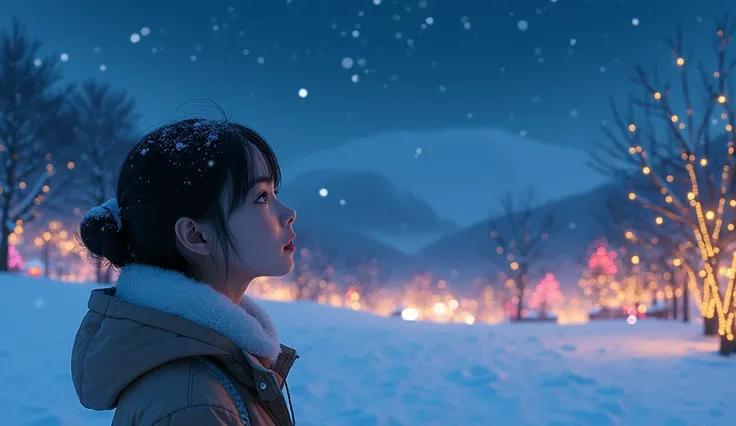  Looking up at the snowy starry sky in the distance 、Profile of a young and beautiful Japanese woman。In the surrounding area、 A hill decorated with colorful Christmas lights。Realistic。