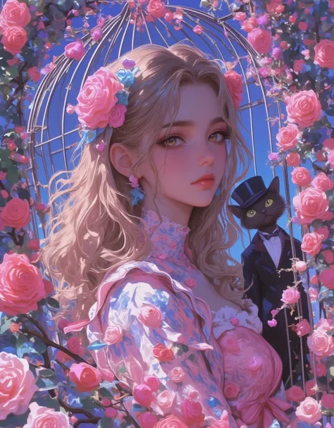 Lolita girl in a birdcage, Wearing ribbons and Lolita dresses, Colorful rose flowers, Rose vines tangled around a birdcage, Fairytale illustration. Baron the cat in a hat and tuxedo. Pastel Gradient, "Lollipop Syndrome", mesmerizing artwork, Impressive cre...