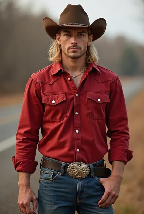 male cowboy, Blonde, asian, wearing red flanel and tight denim jeans with brown leather boots and black leather belt showing his asian face, cumming