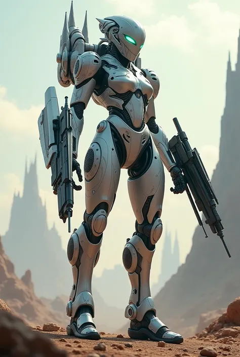 Female robot warrior heavily armed with extraterrestrial weapons 