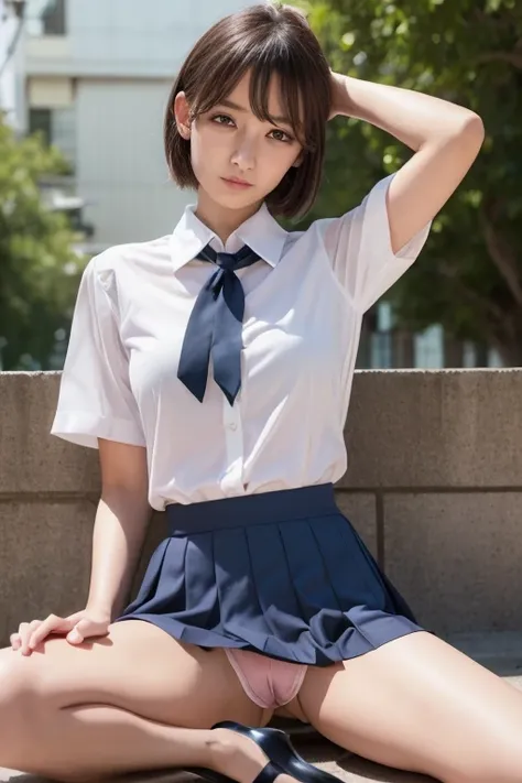 ((( shameful expression :1.5)))、((Kind Face:1.5))、(((sexy School uniform:1.5)))、(((spread legs:1.5)))、((stiletto heels:1.5)))、(( raise skirt yourself :1.4))、(( panties:1.2))、 one girl , を見るととてもキュートで美しい日本のティーン, Extremely Detailed Beautiful Faces ,
 short ha...