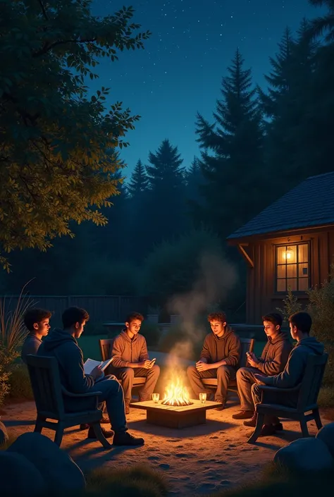 "A poetic nighttime scene of a garden with a warm bonfire at the center, surrounded by a small group of boys. They are seated on rustic chairs and cushions, sharing poetry and stories. The atmosphere is intimate and melancholic, with dim, warm lighting fro...