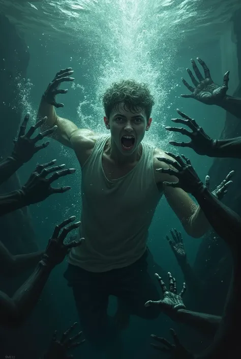 A dramatic scene of a young man underwater being grabbed by numerous skeletal black hands emerging from the depths. The water churns violently, with air bubbles and debris swirling around. The atmosphere is dark and claustrophobic, with a sense of immediat...