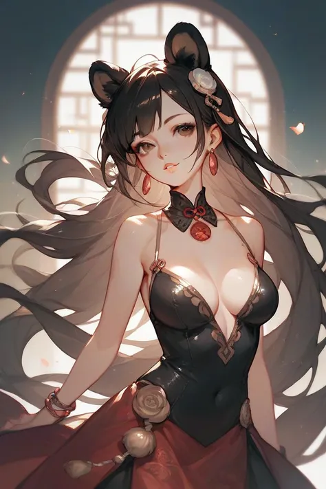  Hot anime panda girl,Long Black  Hair, dark brown eyes, Earrings, Breasts, Animal Ears,  wearing a dress