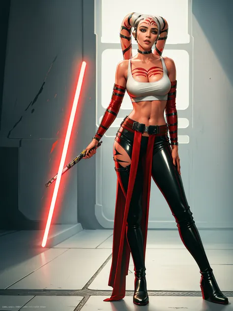 (best quality, masterpiece, highly detailed), 1girl, (white skin), Harley Quinn as a sexy Twilek, Jedi, black robes, black crop top, Jedi robes, red tunic, tight trousers, long boots, red leather, buckles, straps, Star Wars, lekku markings