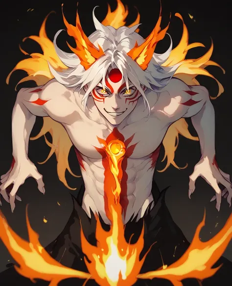 man, fiery hair, white skin, red face paint, jentry chau, anime style, fire powers, yellow cat eyes, white hair, third cat eye on forehead, voluminous hair, orange twilight sky, smile, kitsune style