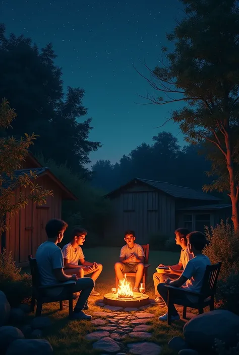 "A poetic nighttime scene of a garden with a warm bonfire at the center, surrounded by a small group of boys. They are seated on rustic chairs and cushions, sharing poetry and stories. The atmosphere is intimate and melancholic, with dim, warm lighting fro...