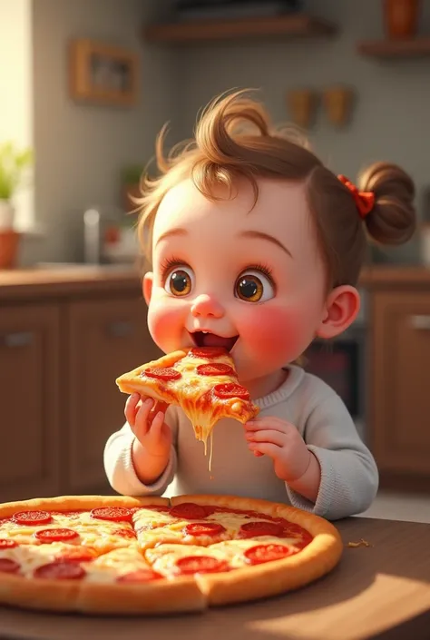 A baby girl eating pizza 