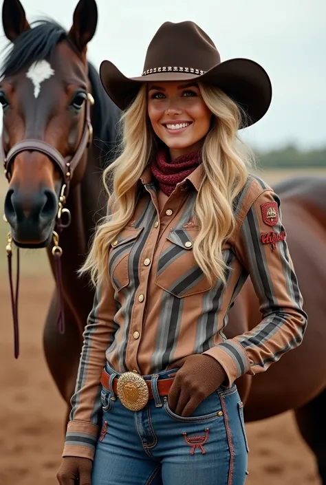  35-year-old woman with long frizzy hair . blonde.  green eyes.  with a charming smile.  in front of a beautiful striped horse with gold accessories. on a ranch. with cowboy hat. With gloves on my hands. with aggressive two-color shirts .  with golden butt...