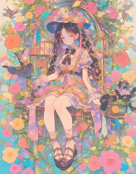 Lolita girl in a birdcage, Wearing ribbons and Lolita dresses, Colorful rose flowers, Rose vines tangled around a birdcage, Fairytale illustration. Baron the cat in a hat and tuxedo. Pastel Gradient, "Lollipop Syndrome", mesmerizing artwork, Impressive cre...