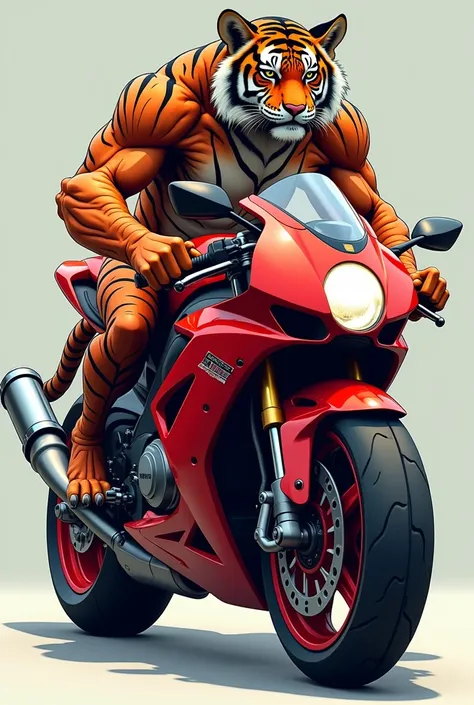 "Create an image of a futuristic hybrid creature that combines the powerful body of a tiger with the sleek design of a red sports bike. The creature should have the muscular build, striped fur, and intense gaze of a tiger, while its body incorporates mecha...