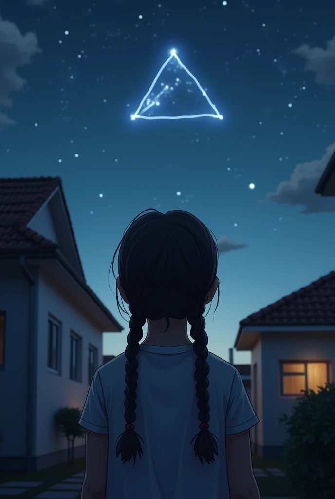  There is a young girl with her back looking at the sky , She wears her hair in braids .  Its night or its just dawn .  The scene takes place in the courtyard of a house in a city . In the sky there is a peculiar figure of a white triangle formed by 3 star...