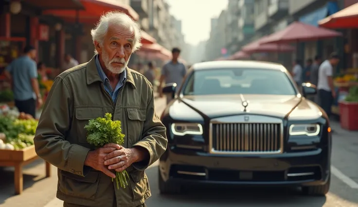 "An elderly man in his 70s ,  standing nervously next to a luxury car with a visible scratch on the side,  holding a small bunch of vegetables in one hand ,  with a busy market in the background ."

