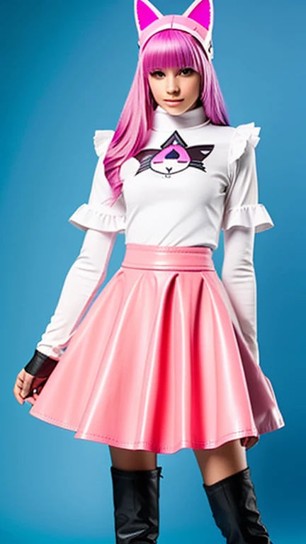  teenager with pink hair ,  slim model , pink leather korsett , tüll skirt pink ,  leather arm warmers blue,  knee-high leather boots, Cat ears, bouncy castle

