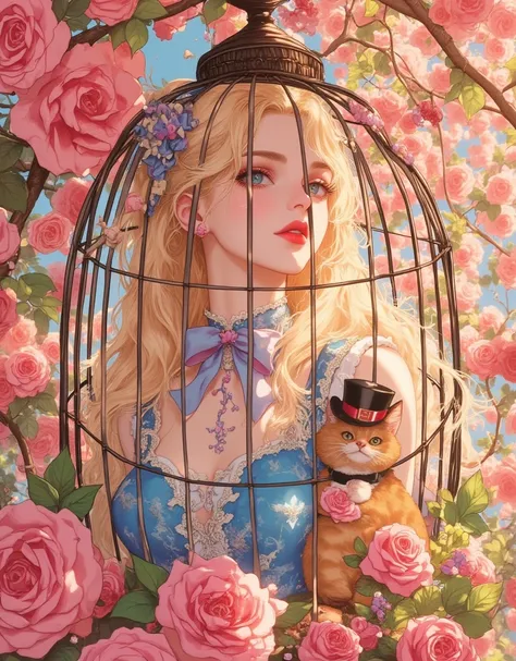 Lolita girl in a birdcage, Wearing ribbons and Lolita dresses, Colorful rose flowers, Rose vines tangled around a birdcage, Fairytale illustration. Baron the cat in a hat and tuxedo. Pastel Gradient background, "Lollipop Syndrome", mesmerizing artwork, Imp...