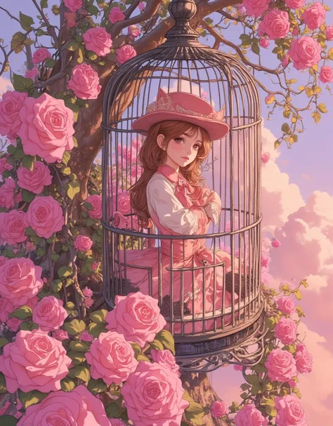 Lolita girl in a birdcage, Wearing ribbons and Lolita dresses, Colorful rose flowers, Rose vines tangled around a birdcage, Fairytale illustration. Baron the cat in a hat and tuxedo. Pastel Gradient background, "Lollipop Syndrome", mesmerizing artwork, Imp...