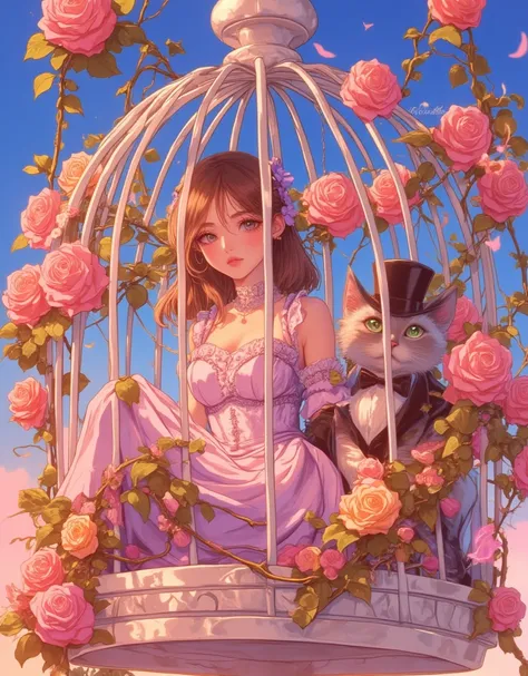 Lolita girl in a birdcage, Wearing ribbons and Lolita dresses, Colorful rose flowers, Rose vines tangled around a birdcage, Fairytale illustration. Baron the cat in a hat and tuxedo. Pastel Gradient background, "Lollipop Syndrome", mesmerizing artwork, Imp...