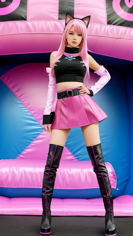  teenager with pink hair ,  slim model , pink leather korsett , tüll skirt pink ,  leather arm warmers blue,  knee-high leather boots, Cat ears, bouncy castle

