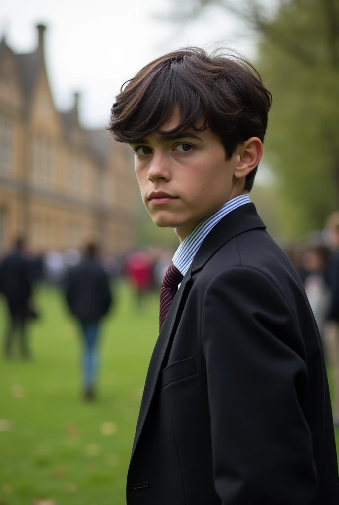 A very good-looking 16-year-old British boy whose dark hair fell into his eyes with a sort of casual elegance stared around at the students milling over the grass, looking rather haughty and bored, but very handsomely so.