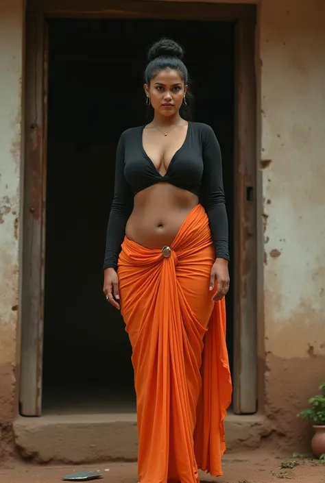 Indian extreme plus size BBW chubby fat busty dark skinned wide woman with dusty face with large breast and large fat curvey figure and wide shoulder and hair bun and wearing black deep neck tight fitting blouse with displaying cleavage and display navel a...