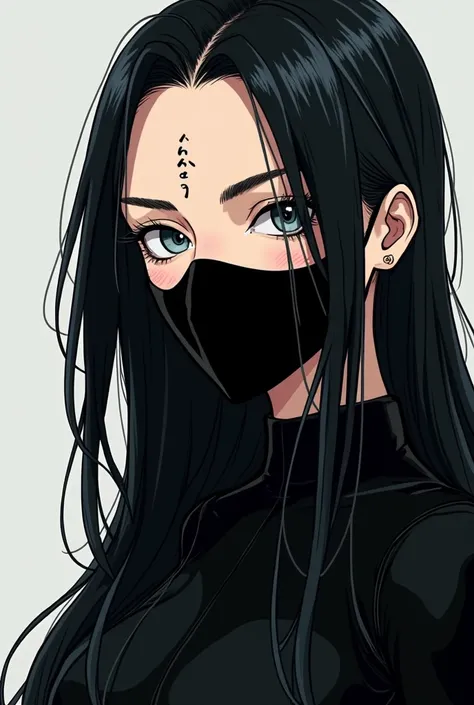 manga style. Women, with a cold air and steel-gray eyes with a faint inhuman shine
Hair: long and dull black.
fur:  Pale and perfect , with an inhuman touch; small scars indicate surgical modifications.
mask:  Black MASK and covers almost every face number...