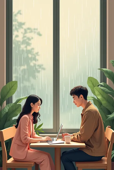 "A serene book cover for Spektrum Rasa, set in a cozy, modern café in Yogyakarta during a gentle rainy evening. The scene showcases a large glass window with raindrops, letting in soft, diffused light. Inside, a calming palette of lavender, cream, soft bro...